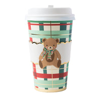 Holiday Henry Bear Christmas coffee cup with a teddy bear and toy print on cream, with a lid
