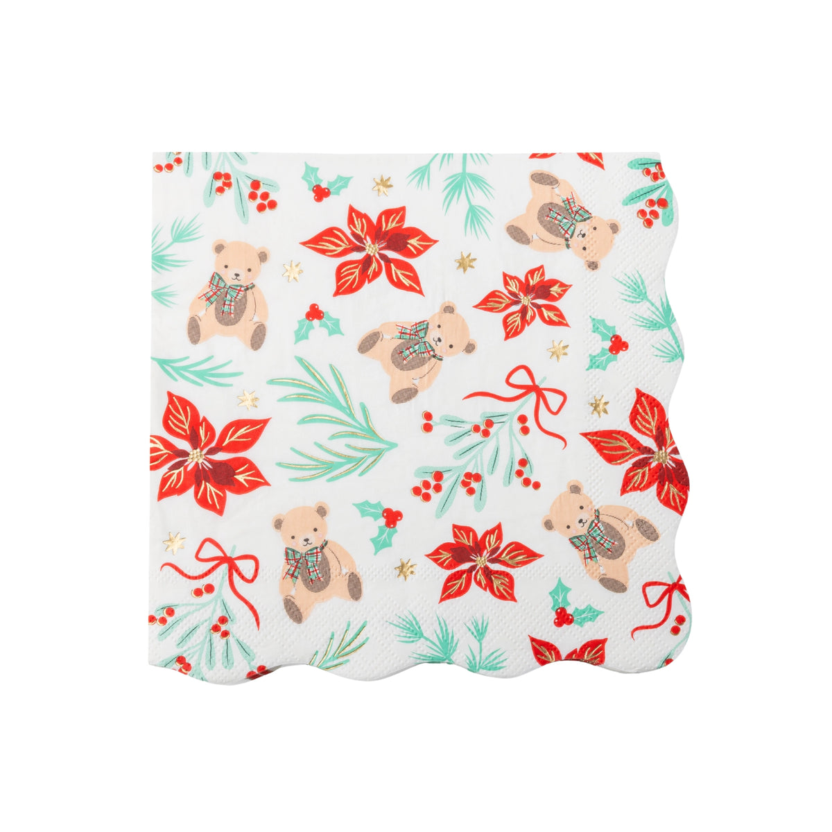 Cream Holiday Henry Bear paper napkin with teddy bears, nutcrackers, poinsettias, and holly