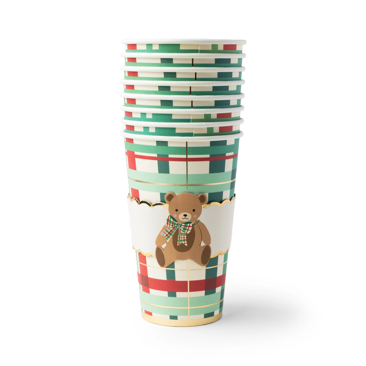 Stacked Holiday Henry Bear Christmas coffee cups shown at an angle