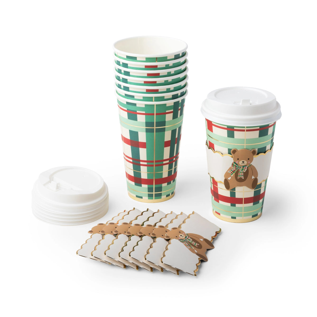Holiday Henry Bear coffee cups, lids, and napkins styled together