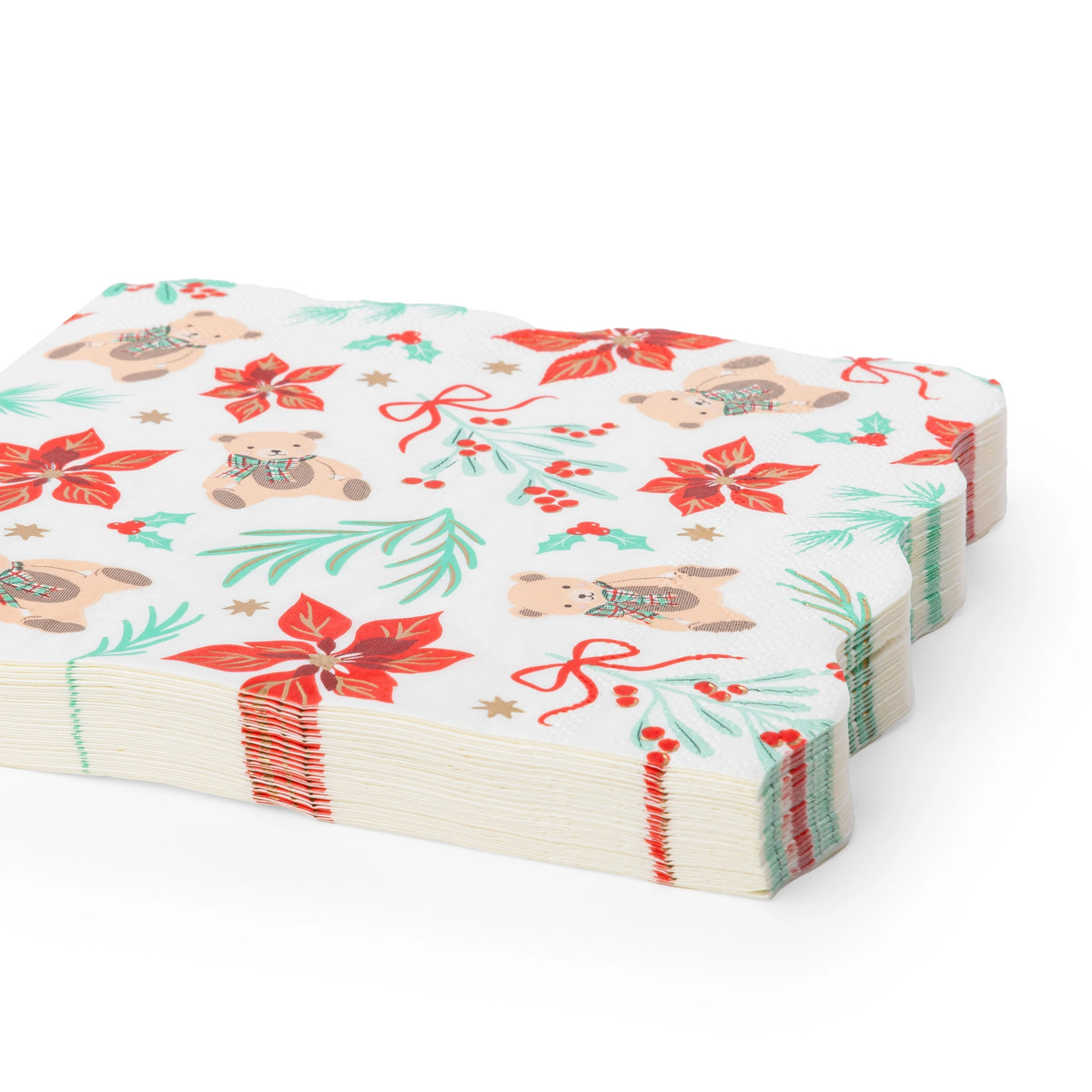 Holiday Henry Bear napkins shown folded and stacked at an angle