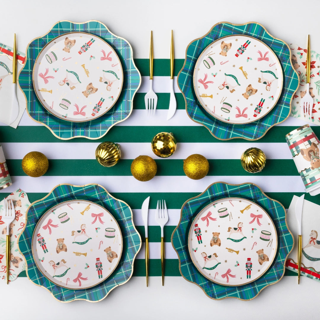 Holiday Henry Bear napkins styled on a Christmas table setting
