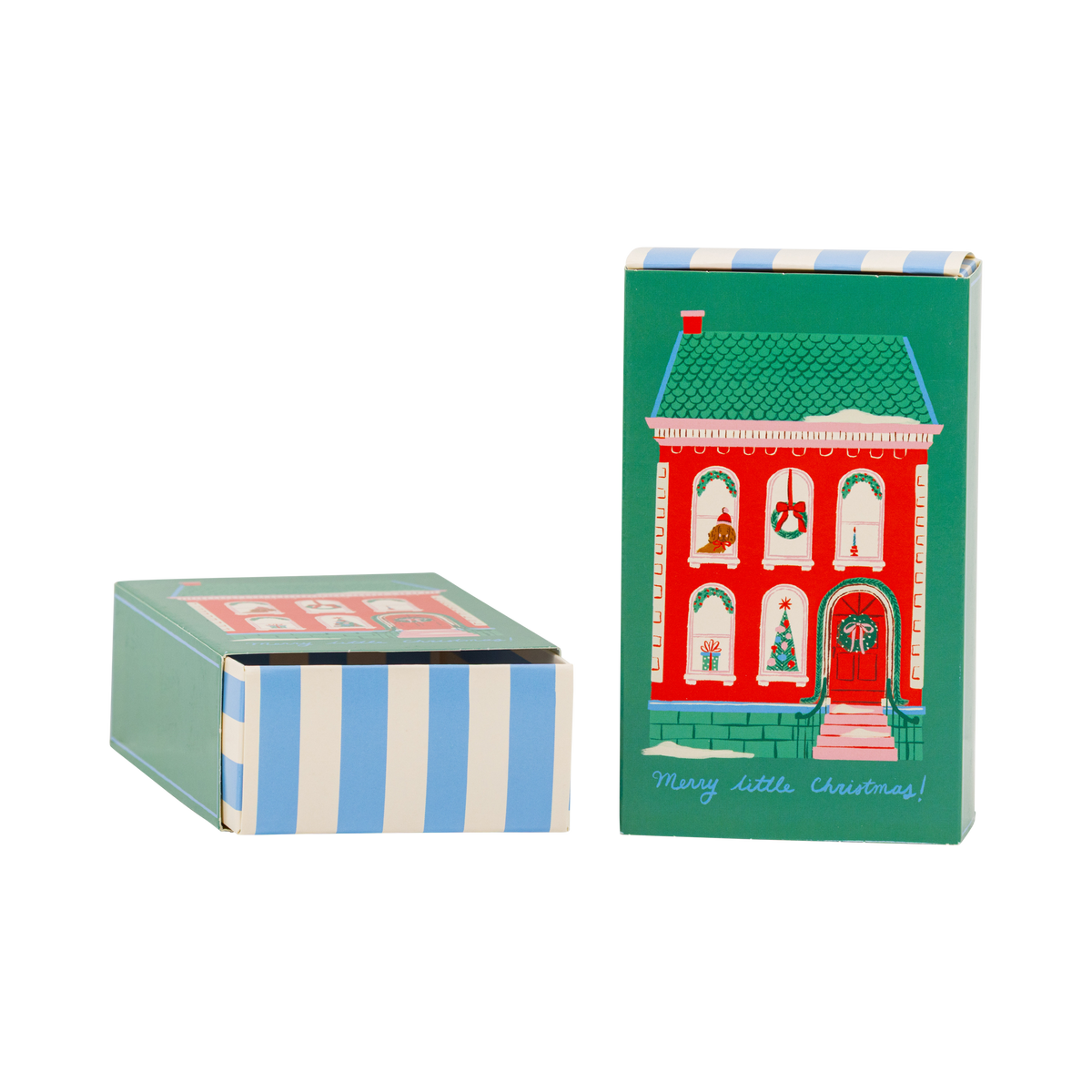 Green Merry Little Christmas treat box with holiday house shown open with blue striped drawer