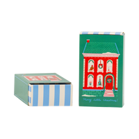 Green Merry Little Christmas treat box with holiday house shown open with blue striped drawer