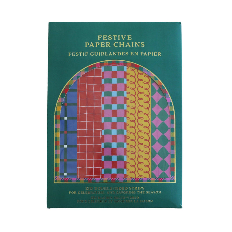 Front of the holiday paper chain garland kit packaging — green box showing colorful paper chains forming an arch of plaids, checks, and patterns.
