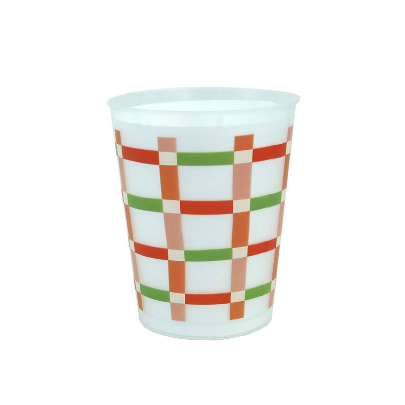 Frosted white holiday plaid reusable flex cup with a plaid design in orange, green, blush, and cream grid lines, front view on white background.