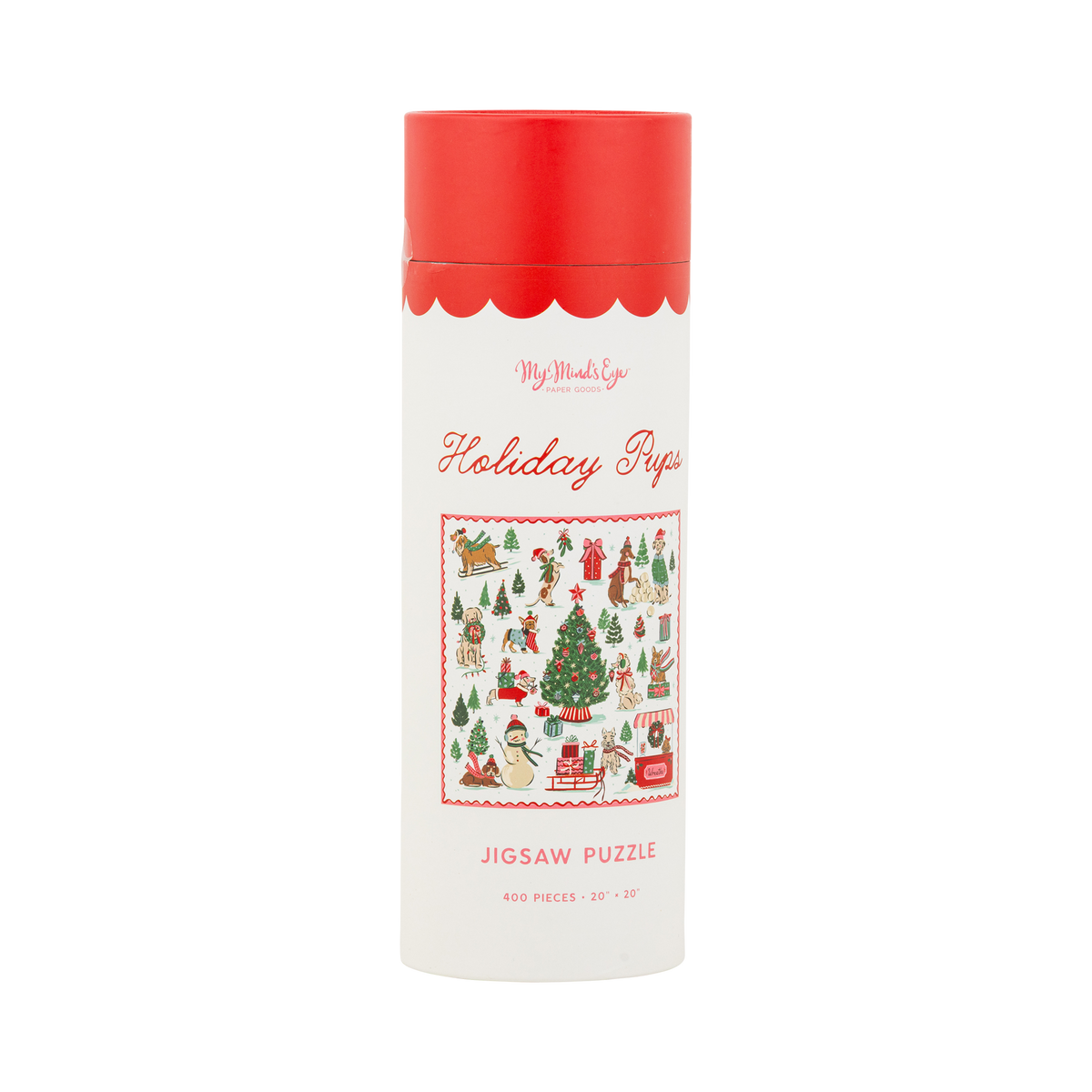 Cylindrical tube of the Holiday Pups 400-piece jigsaw puzzle showing the colorful holiday dog illustration.