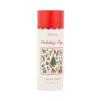 Cylindrical tube of the Holiday Pups 400-piece jigsaw puzzle showing the colorful holiday dog illustration.