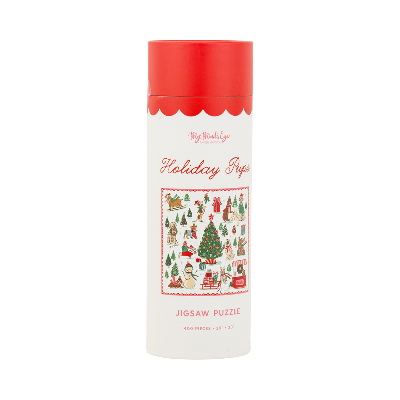 Cylindrical tube of the Holiday Pups 400-piece jigsaw puzzle showing the colorful holiday dog illustration.