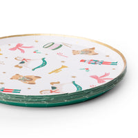 Stacked Holiday Toys Christmas plates shown at an angle