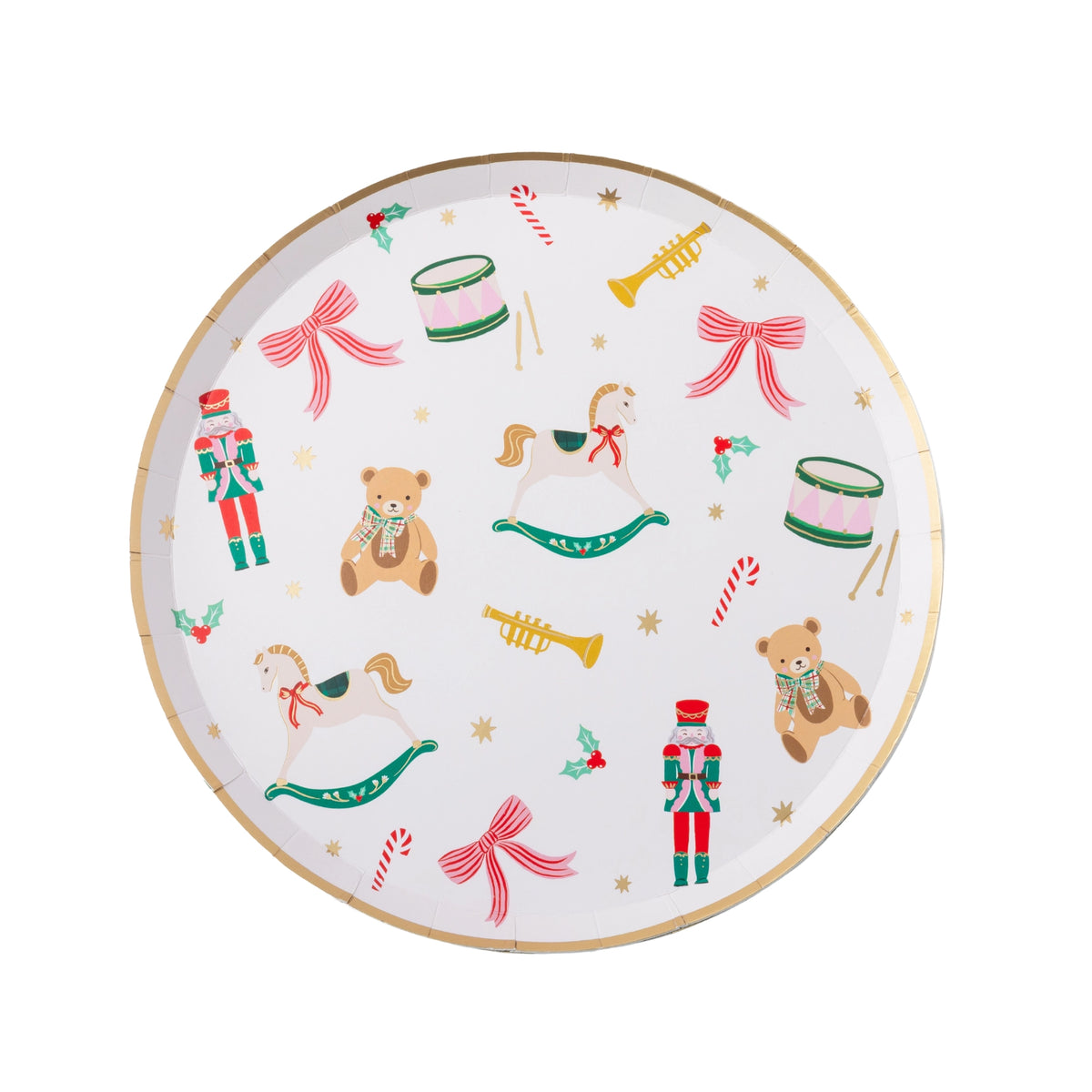 Holiday Toys Christmas plate with nutcrackers, teddy bears, rocking horses, and drums, shown top-down