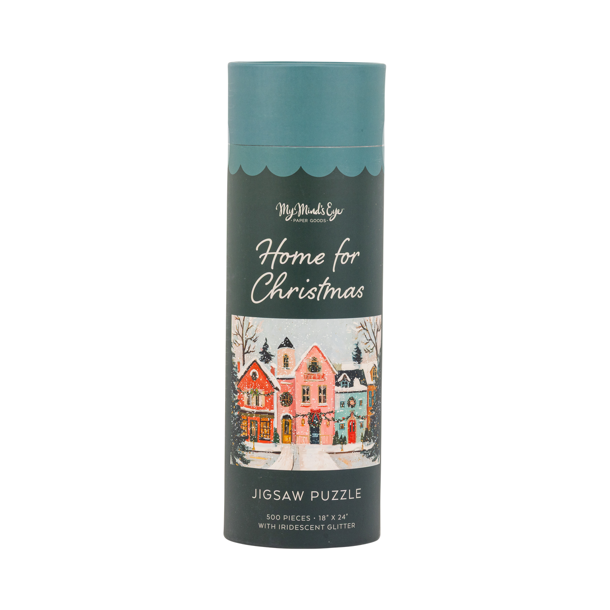 Home for Christmas 500 piece jigsaw puzzle tube with a snowy Christmas village illustration and iridescent glitter