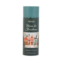 Home for Christmas 500 piece jigsaw puzzle tube with a snowy Christmas village illustration and iridescent glitter