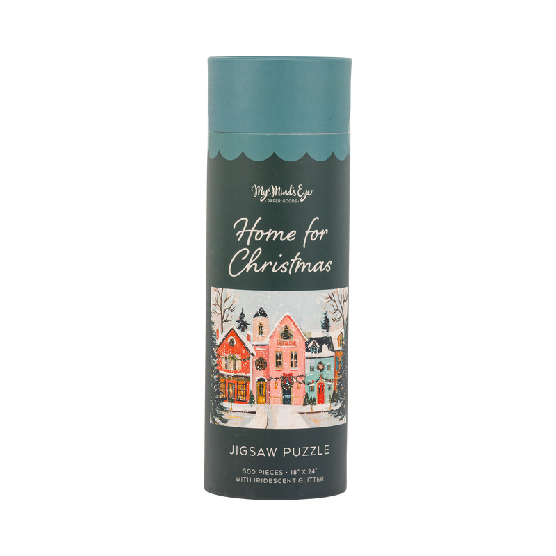 Home for Christmas 500 piece jigsaw puzzle tube with a snowy Christmas village illustration and iridescent glitter