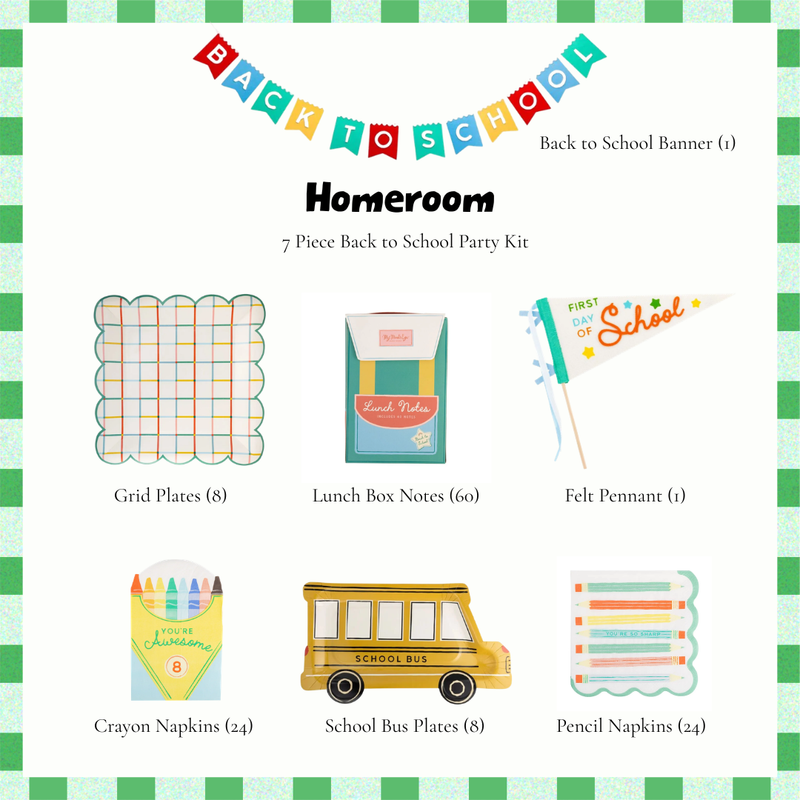 Homeroom back to school party kit contents, school bus plates, grid plates, crayon napkins, pencil napkins, felt banner, first day of school pennant and lunch box notes