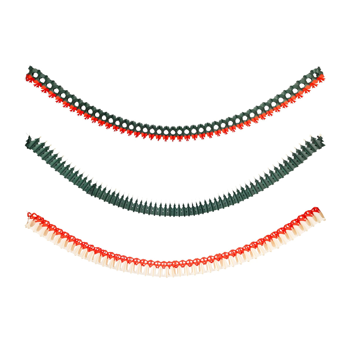 Three honeycomb Christmas garlands — green tree, red-and-green wreath, and red-and-cream bell — stacked on a white background.