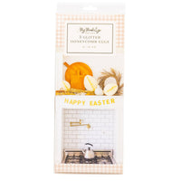 Back view of retail packaging featuring styled Easter display with honeycomb eggs and banner.