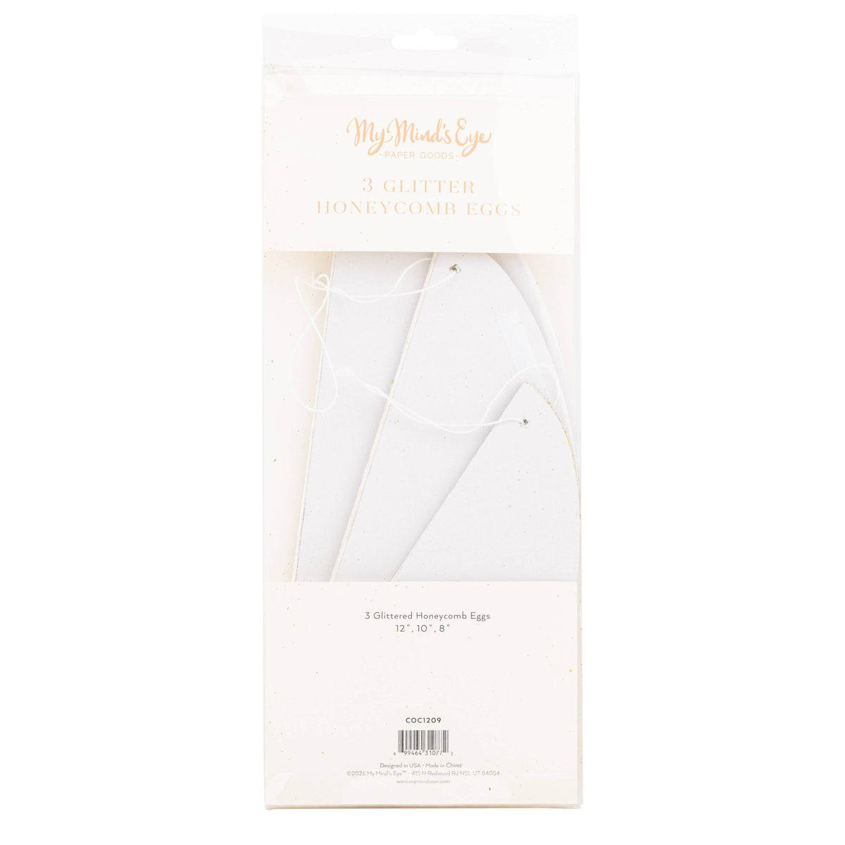 Packaging showing three glittered honeycomb eggs and hanging strings.