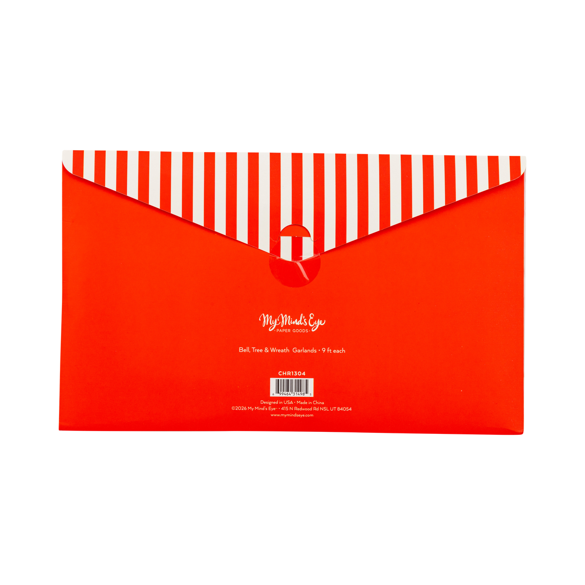 Back of the honeycomb garland set packaging with a red striped envelope design.