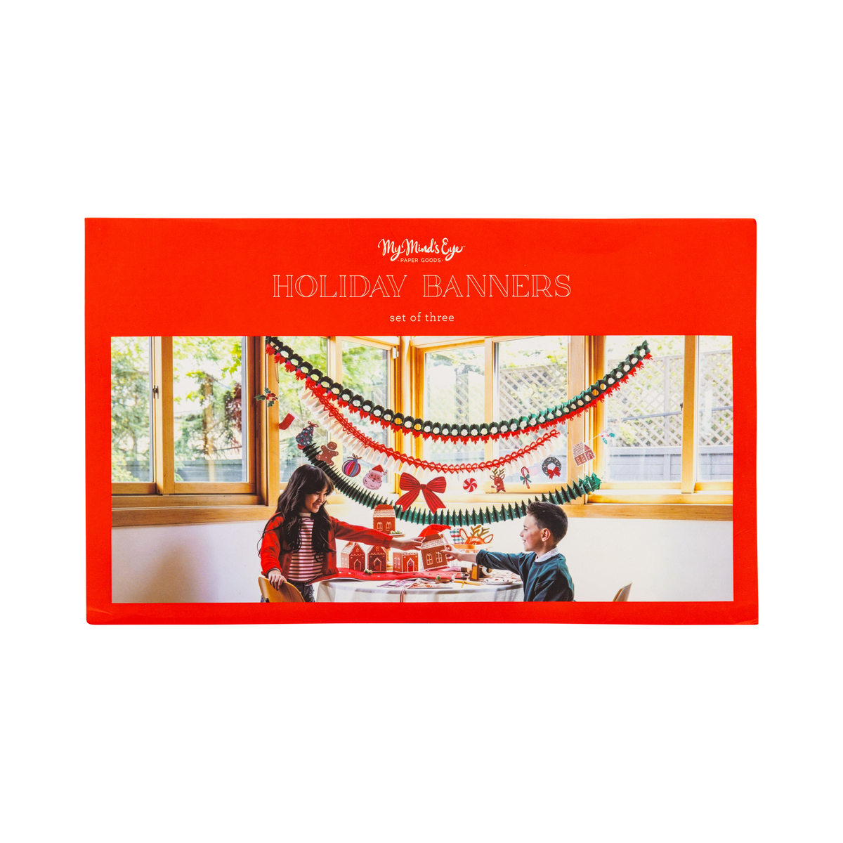 Packaging for the honeycomb garland set showing the garlands styled in a room.