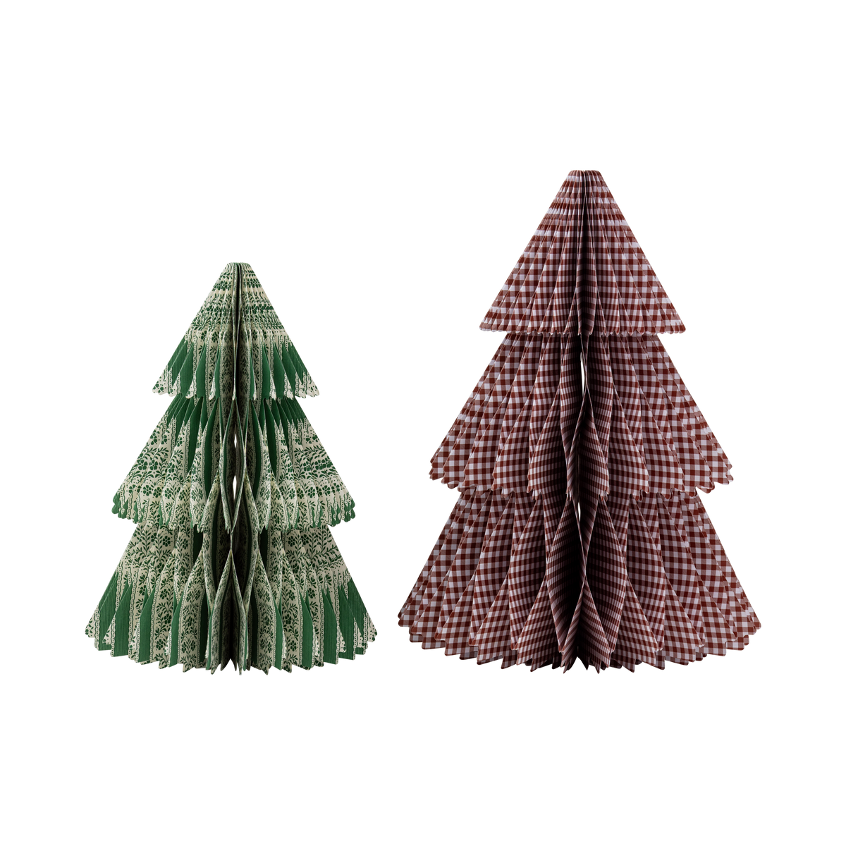 Two honeycomb paper Christmas trees in green floral stripe and red gingham on white background