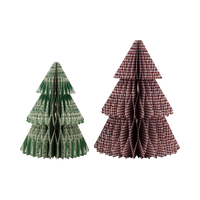 Two honeycomb paper Christmas trees in green floral stripe and red gingham on white background