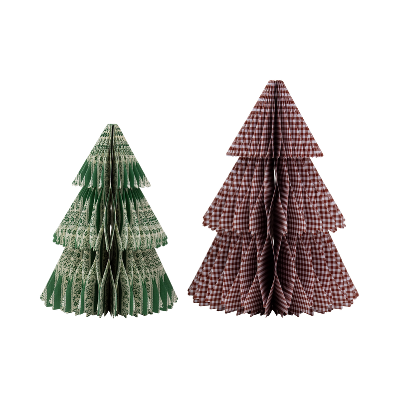 Two honeycomb paper Christmas trees in green floral stripe and red gingham on white background