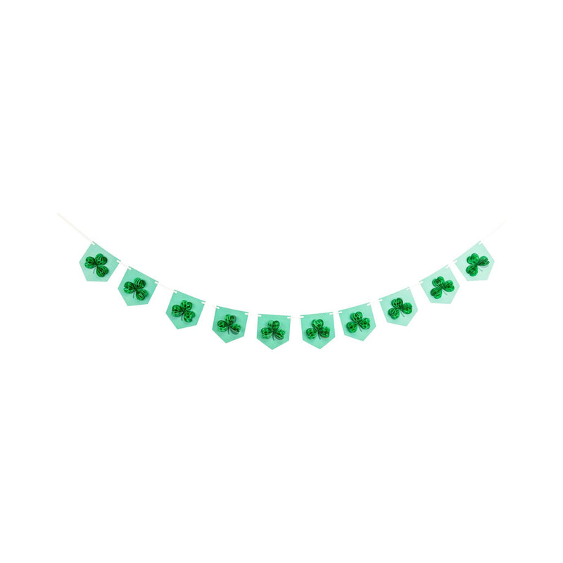Honeycomb shamrock banner with green shamrock accents on white background
