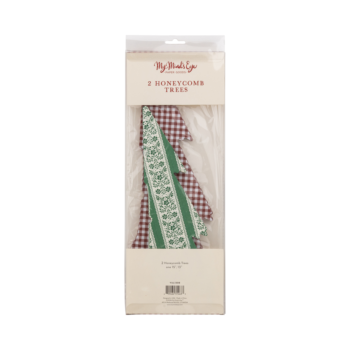 Two honeycomb trees folded flat in packaging showing 15" and 13" sizes