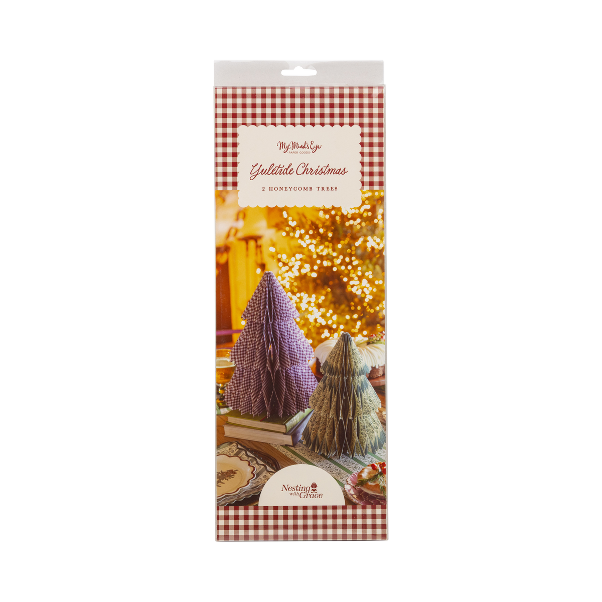 Yuletide honeycomb trees in retail packaging with red gingham border