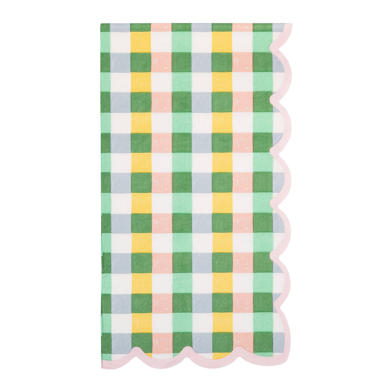 Pastel gingham scalloped paper dinner napkin in pink, green, blue, and cream