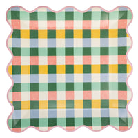 Pastel gingham scalloped square paper plate with pink border on white background