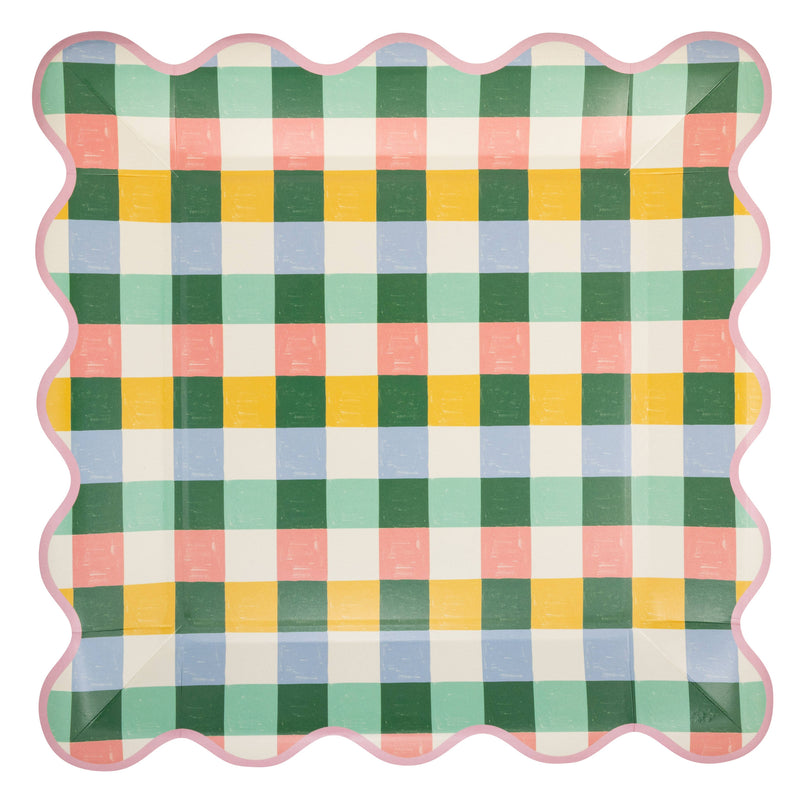 Pastel gingham scalloped square paper plate with pink border on white background