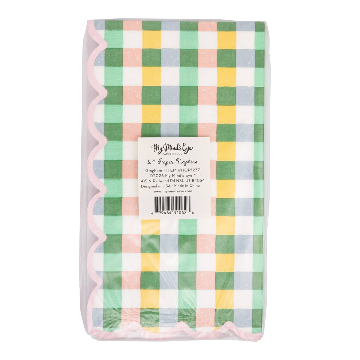 Packaged gingham dinner napkins back view with product label