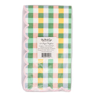 Packaged gingham dinner napkins back view with product label