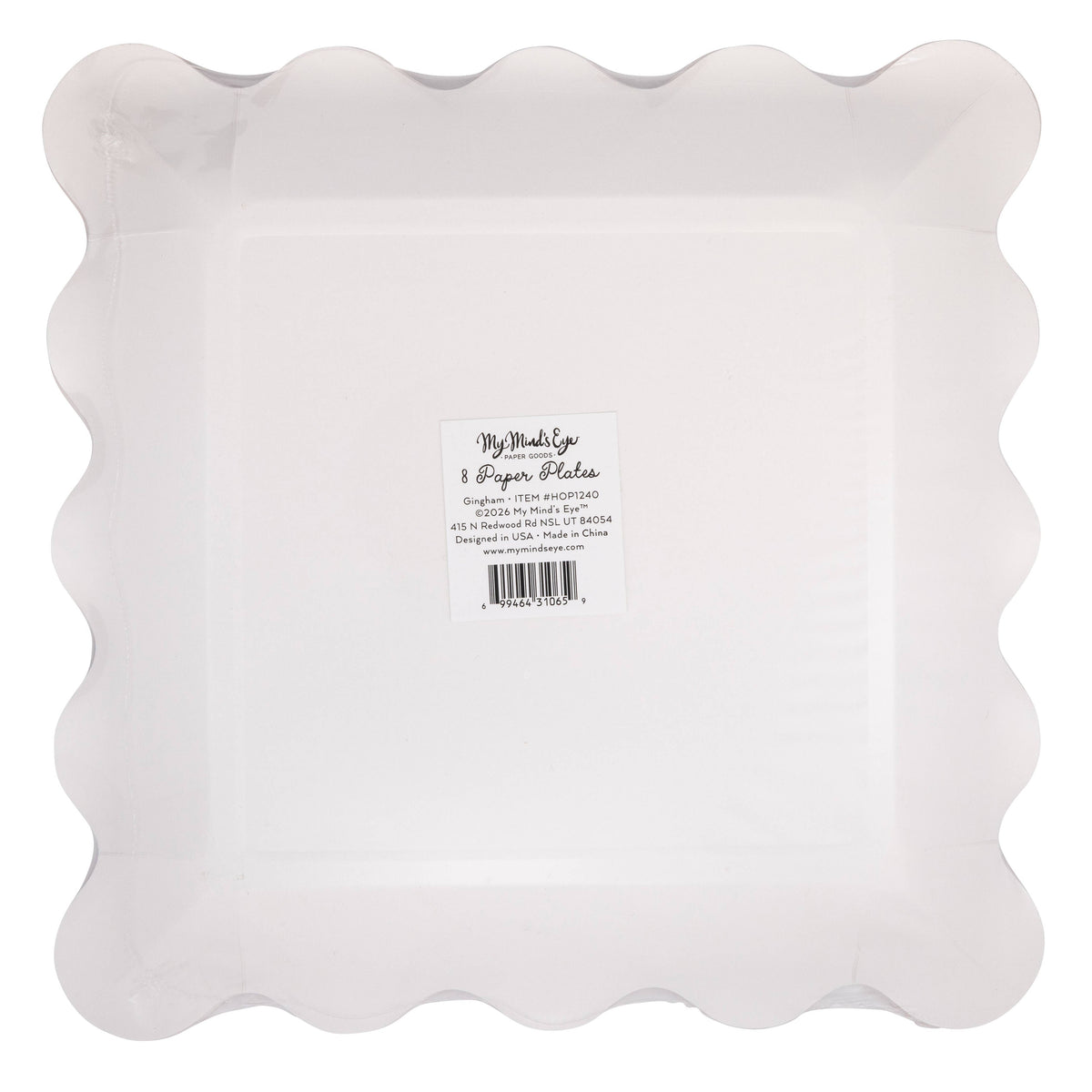 Back view of Hopscotch gingham paper plate packaging with product label