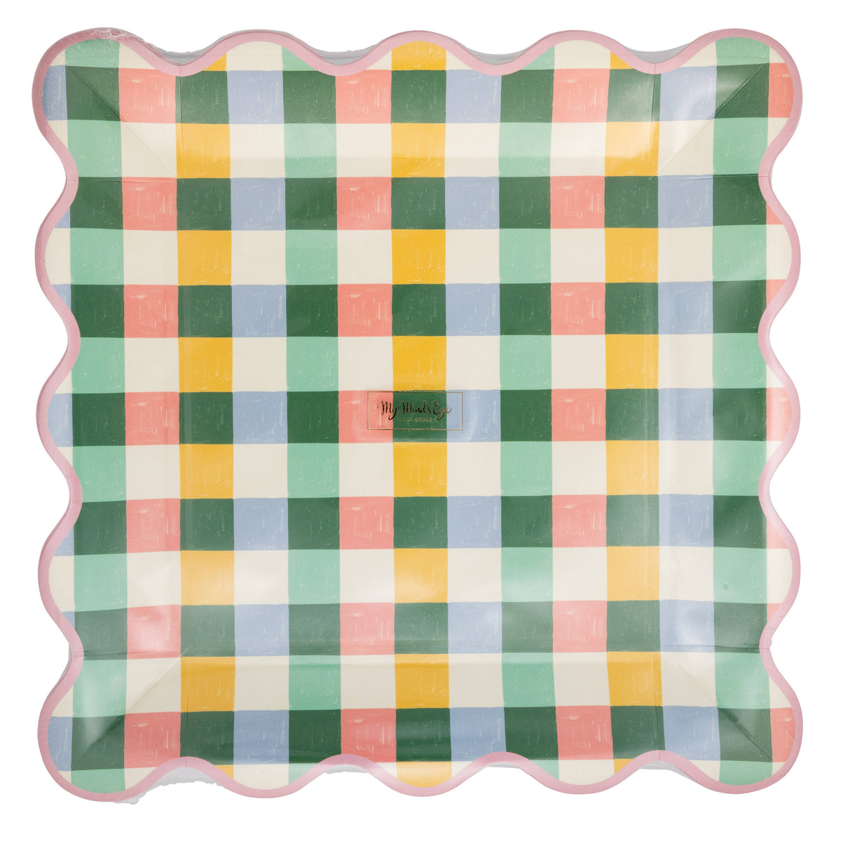 Front view of Hopscotch gingham scalloped square paper plate stack