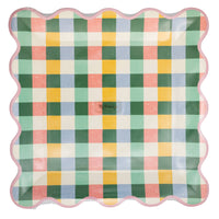 Front view of Hopscotch gingham scalloped square paper plate stack