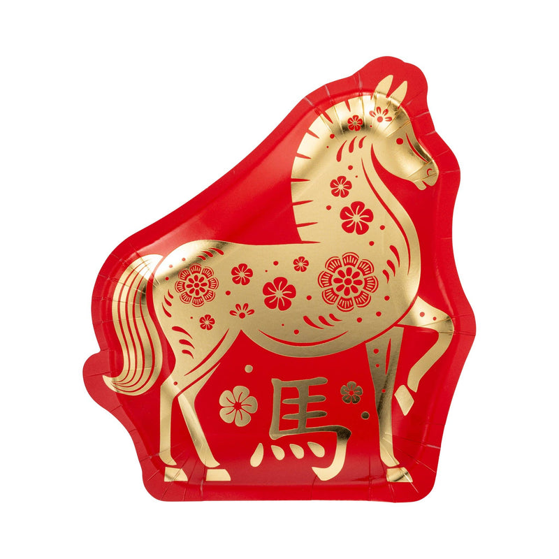 Red and gold horse shaped paper plate with gold foil Lunar New Year design