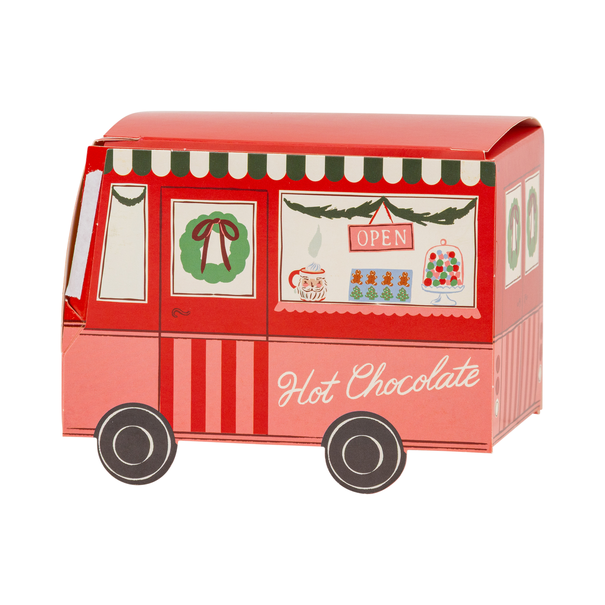 Treat box shaped like a pink and red hot cocoa truck with colorful accents on a white background.