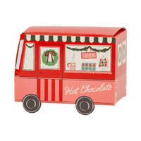 Treat box shaped like a pink and red hot cocoa truck with colorful accents on a white background.