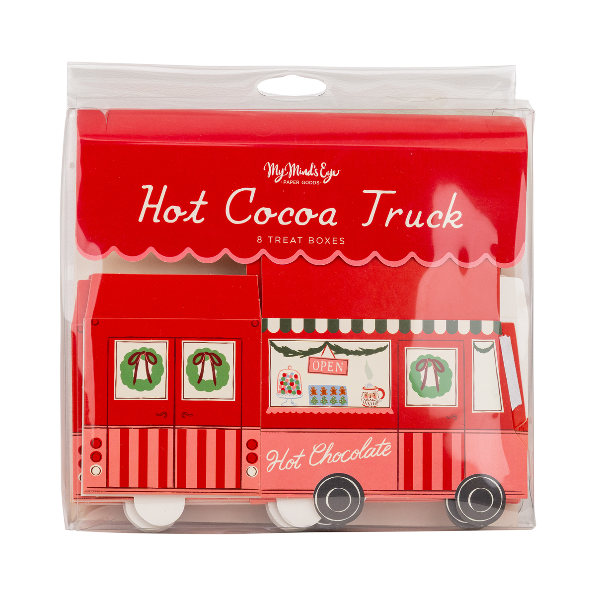Packaging front for the hot cocoa truck treat boxes with a Hot Cocoa Truck label.