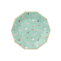 Hot Diggity Dog large paper plate with dog illustrations on mint background.
