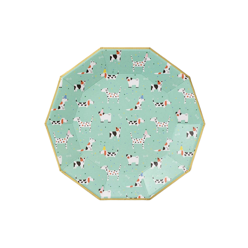 Hot Diggity Dog large paper plate with dog illustrations on mint background.