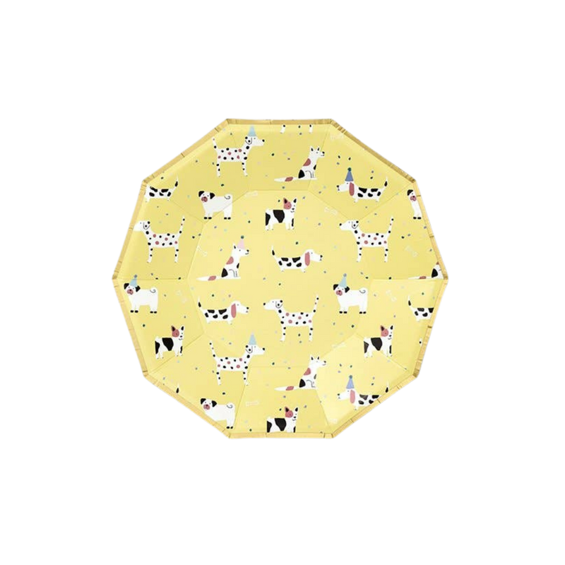 Yellow dog themed small paper party plate with playful puppy design