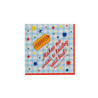 Hot dog cocktail napkin on white showing a foil-accented hot dog, red and blue stars, blue gingham, and "Makes me want a hotdog real bad!" in red script with a red wavy edge