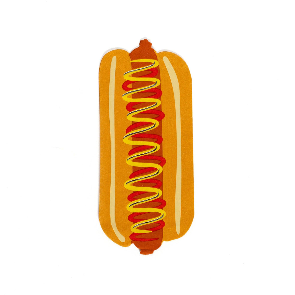 Hot dog shaped paper guest napkin on white, die-cut as a hot dog in a bun with a yellow mustard squiggle over red ketchup.
