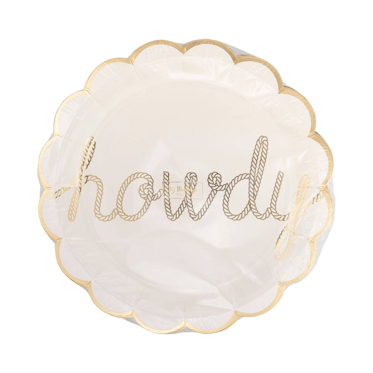 Packaged Howdy paper plates with gold rope lettering