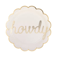 Round white scalloped paper plate with gold foil rope text reading “Howdy”
