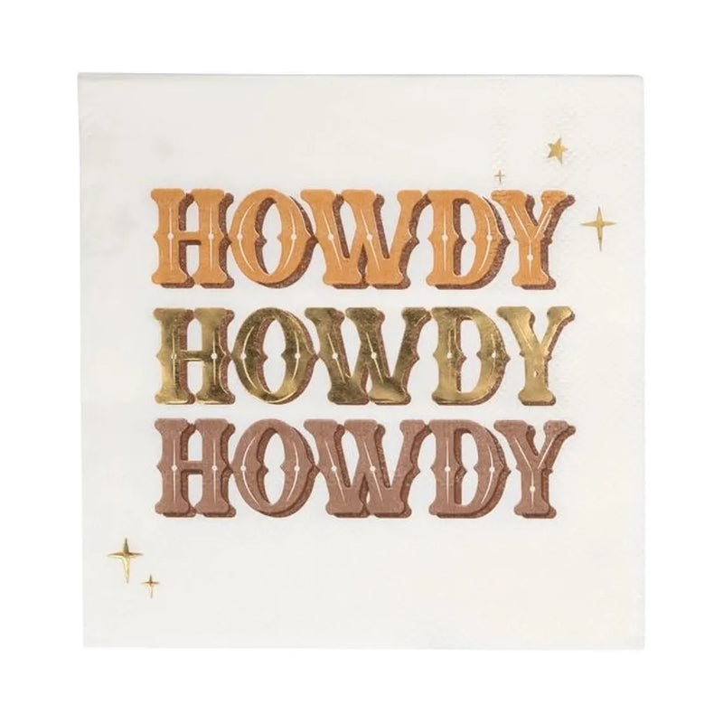 Single square napkin laid flat, showing multicolored HOWDY lettering and metallic star accents.
